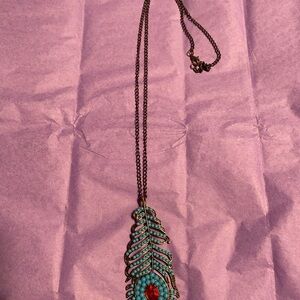 Turquoise and Red Feather Pendant Necklace